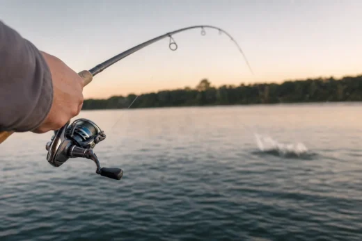 Fishing rod and reel held over rippling lake water at sunset, with shoreline and trees across the horizon