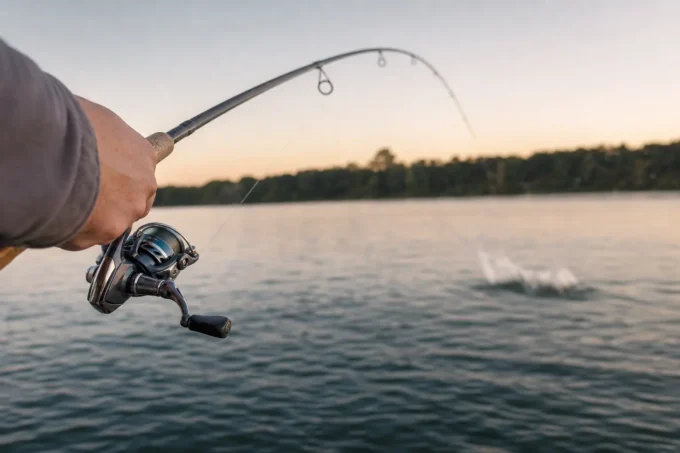 Fishing rod and reel held over rippling lake water at sunset, with shoreline and trees across the horizon
