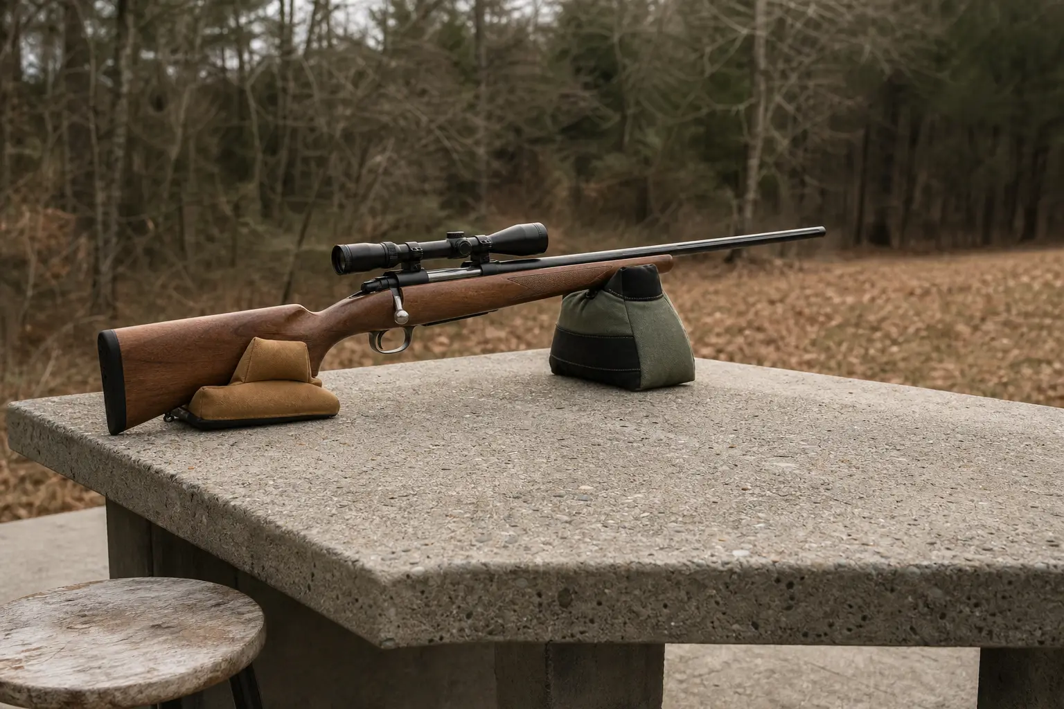 Rifle with scope resting on a concrete table, with padded ear and bag rests on either side outdoors