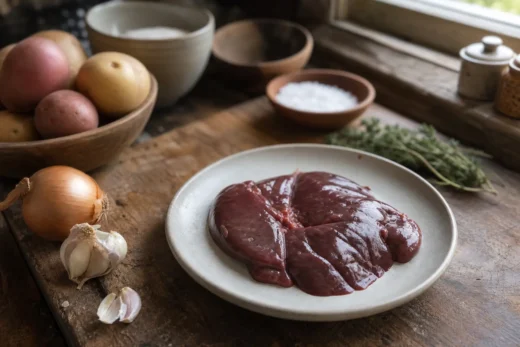 Plate of raw marbled meat on a wooden table, with onions, garlic, herbs, and stacked bowls in the background