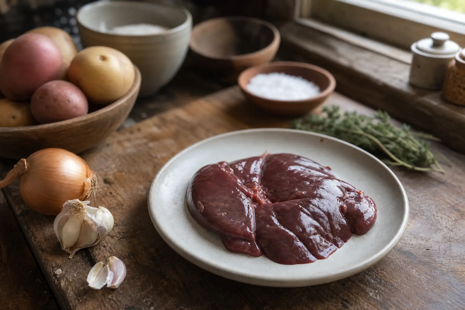 Plate of raw marbled meat on a wooden table, with onions, garlic, herbs, and stacked bowls in the background