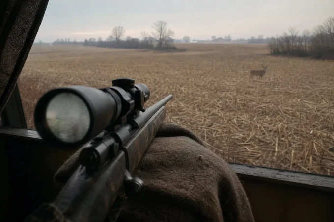 Rifle scope and barrel resting on a person’s shoulder inside a vehicle, looking out toward harvested fields