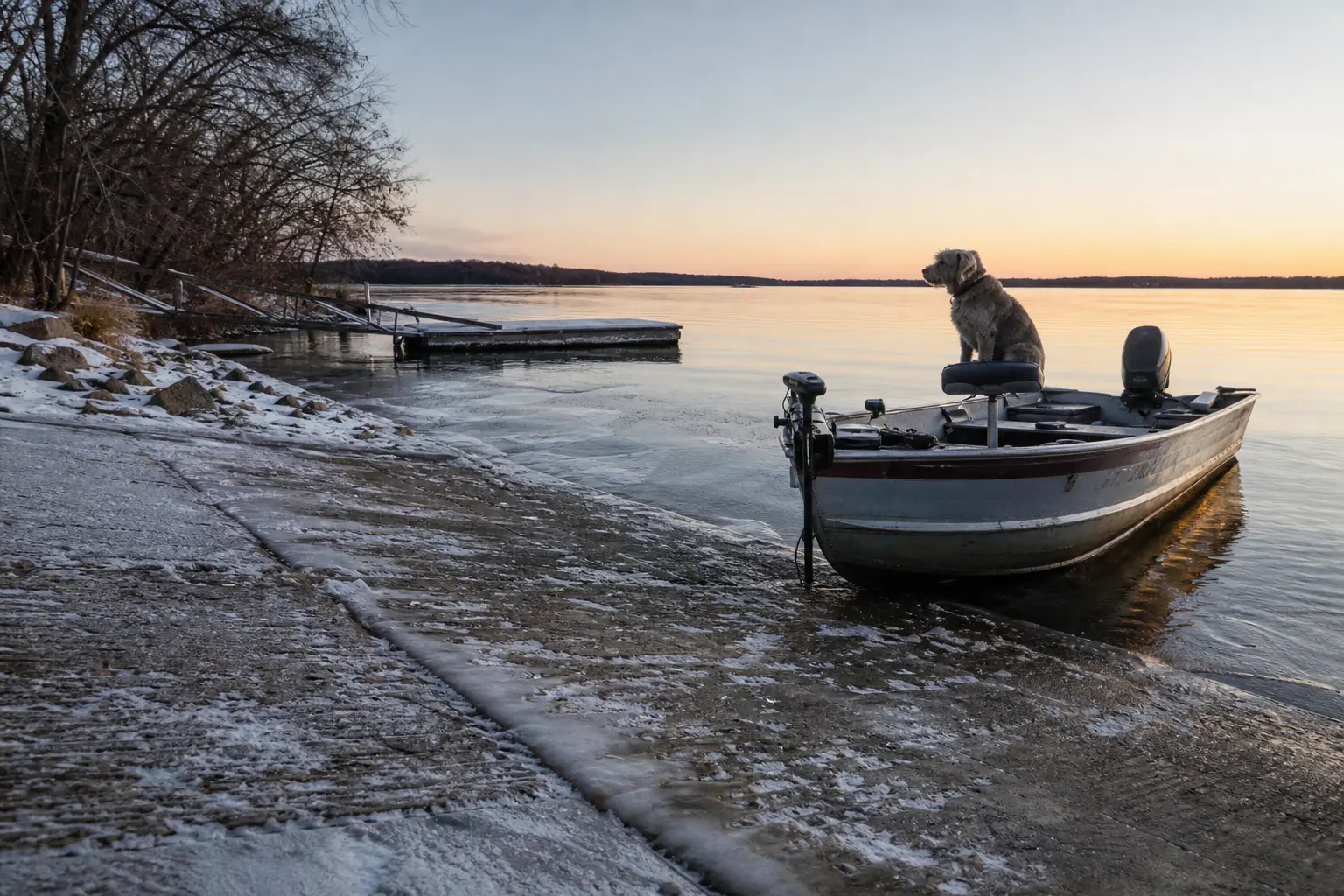 Boat on a frozen shoreline at dusk, with a dog sitting on the front seat near the dock