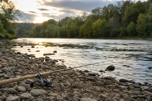Fishing rod and spinning reel resting on a rocky riverbank near flowing water at sunset with trees along the shore