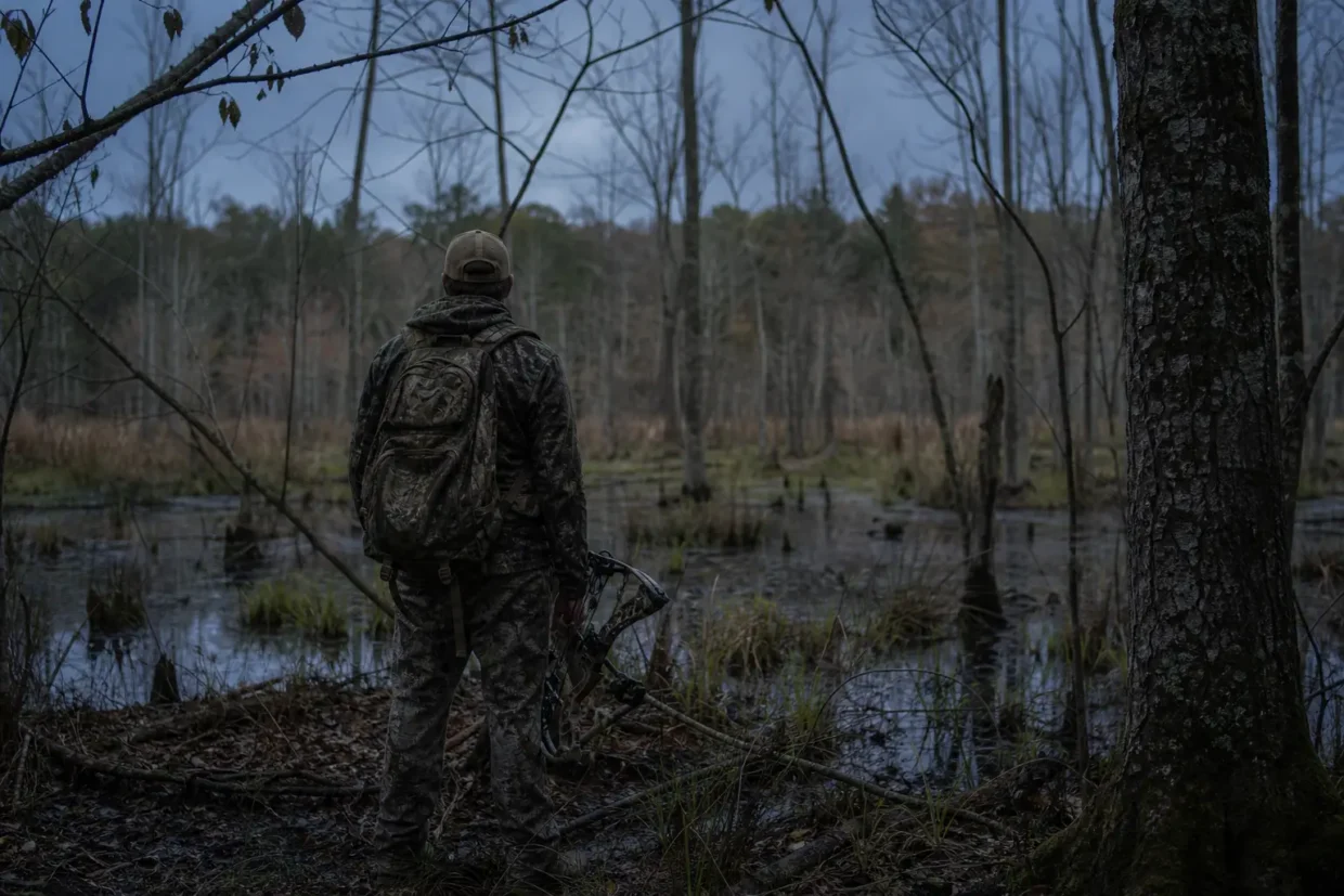 Person in camouflage with a backpack stands by a pond in a wooded area, holding a bow-like device
