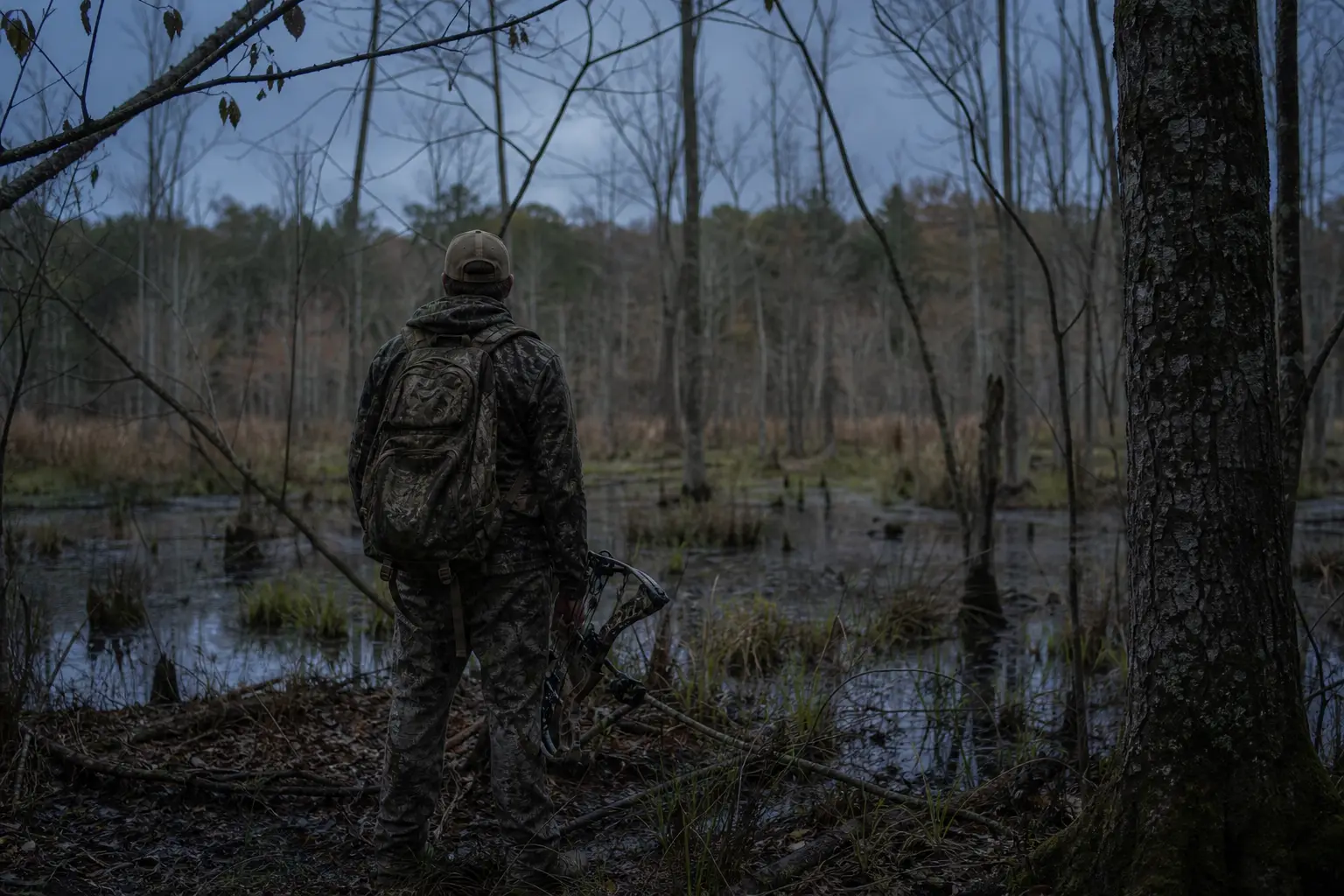 Person in camouflage with a backpack stands by a pond in a wooded area, holding a bow-like device