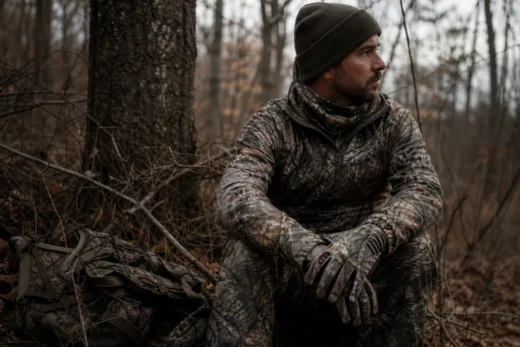 A man in camouflage clothing and dark knit beanie sits outdoors among leafless trees, wearing gloves and facing left