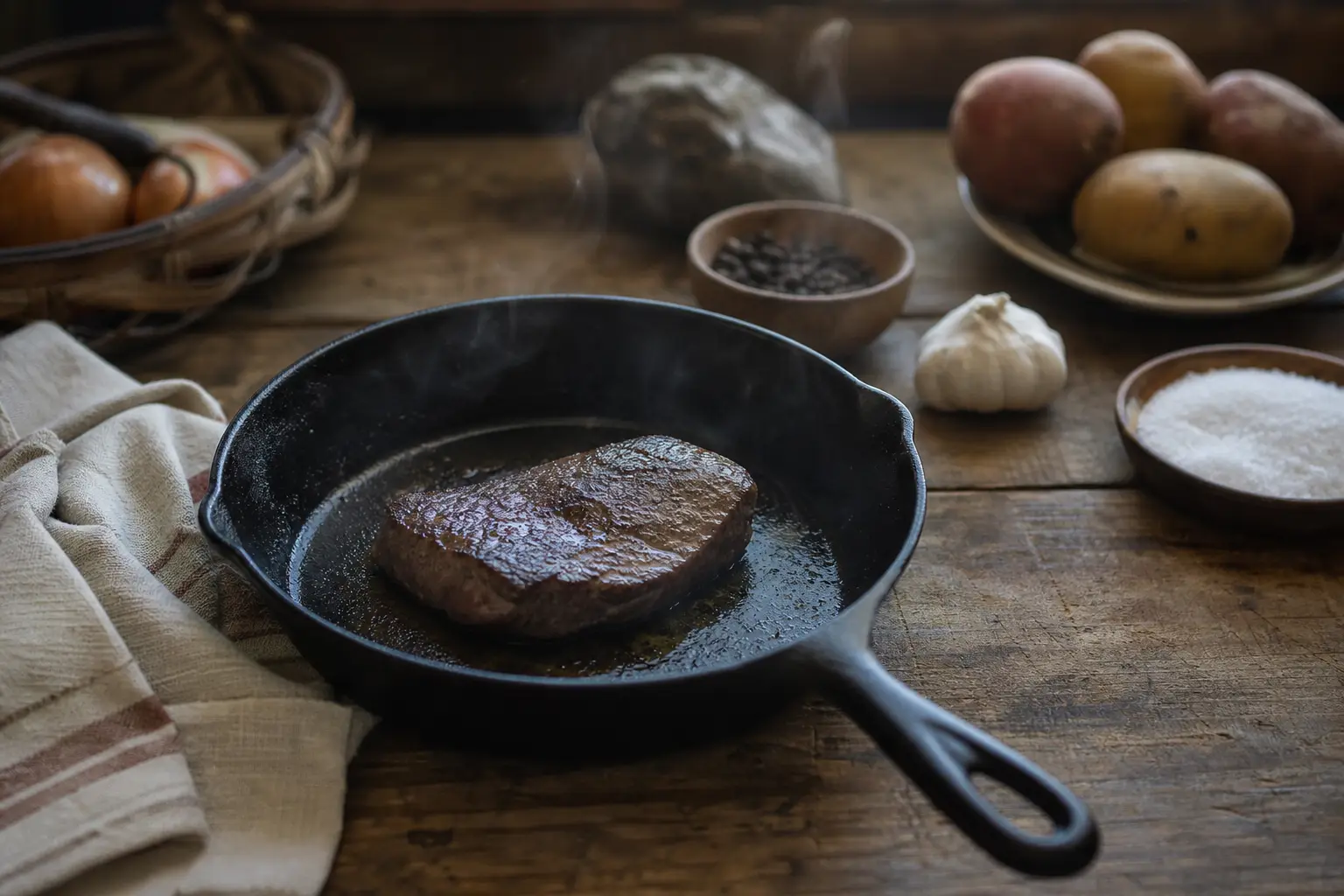 A black skillet holds a browned cut of meat, with flour, garlic, and onions on a wooden table nearby