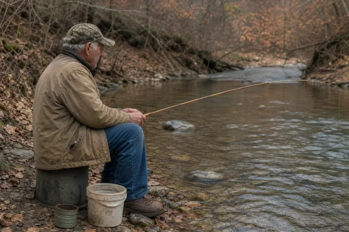 An older man in a camouflage cap sits by a rocky riverbank holding a long fishing rod, with buckets nearby