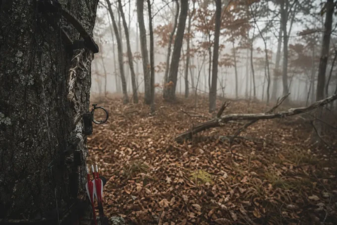 Camouflaged side view of a person standing beside a wooded trail, with a scope and red equipment visible in foreground