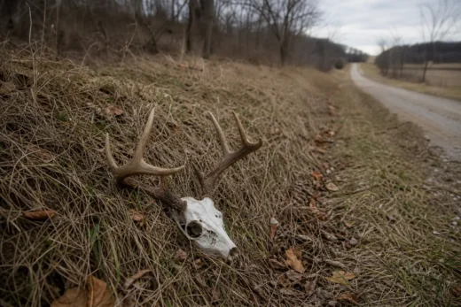 Animal skull with branched antlers lies in dry grass along the roadside, with a dirt path stretching into the distance