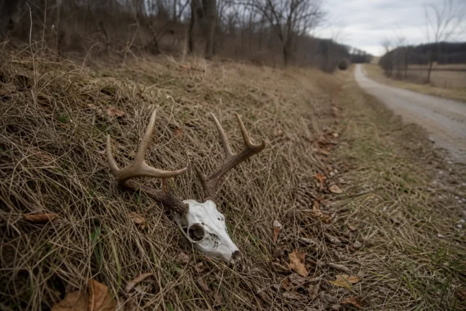 Animal skull with branched antlers lies in dry grass along the roadside, with a dirt path stretching into the distance