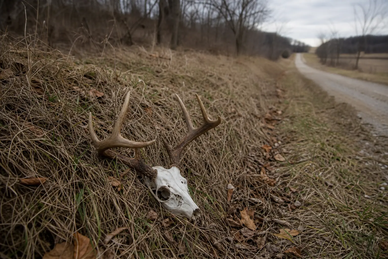 Animal skull with branched antlers lies in dry grass along the roadside, with a dirt path stretching into the distance