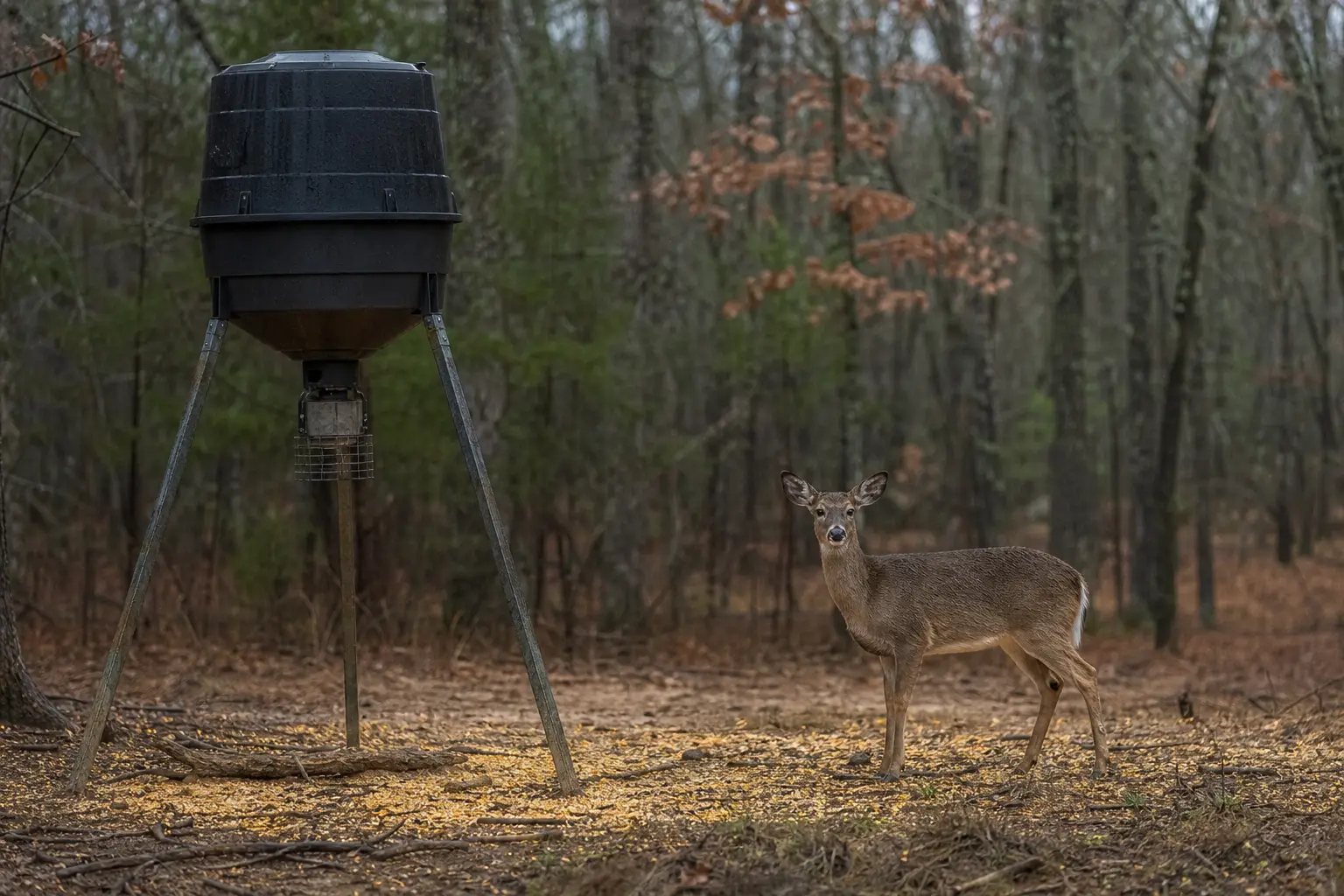 A dark feeder with a metal frame stands in a forest clearing, with a deer standing nearby on the ground