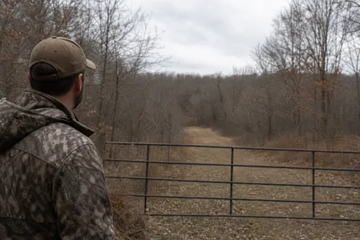 Man wearing a camouflage jacket and cap stands outdoors beside a metal fence, looking toward a wooded field