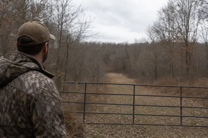 Man wearing a camouflage jacket and cap stands outdoors beside a metal fence, looking toward a wooded field