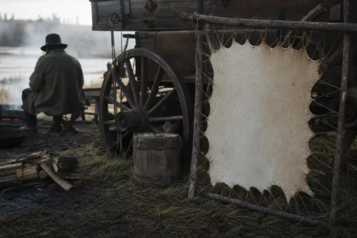 Wooden cart with a large spiked wheel, white metal panel with pointed edges, and a person in the background