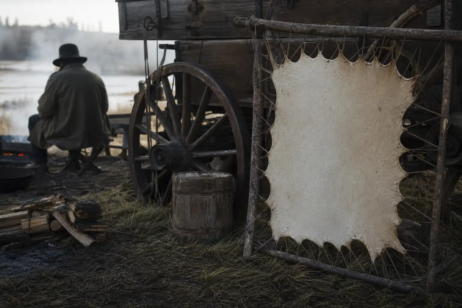 Wooden cart with a large spiked wheel, white metal panel with pointed edges, and a person in the background