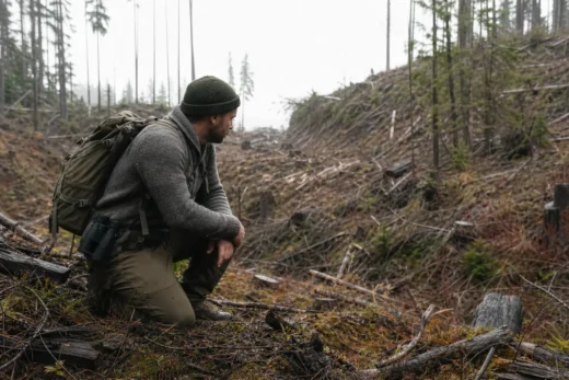 Person in green knit cap and gray hoodie kneels in a forest clearing beside scattered branches and logs