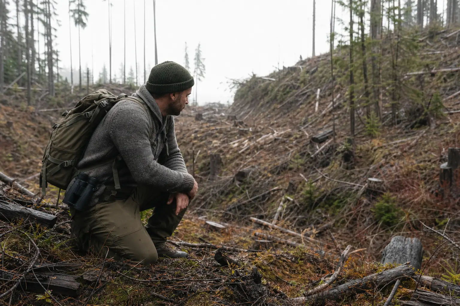 Person in green knit cap and gray hoodie kneels in a forest clearing beside scattered branches and logs