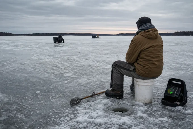 A person in winter clothing stands on a frozen lake, holding a long tool, with other people far away