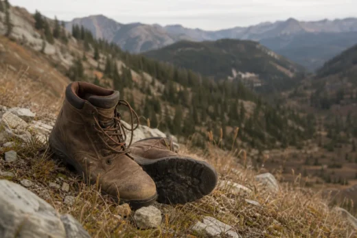 Brown lace-up boot lying on rocky ground with mountainous valley and pine trees in the background