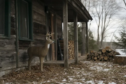 Deer with antlers stands beside a wooden cabin porch, with stacked firewood and patches of snow on the ground
