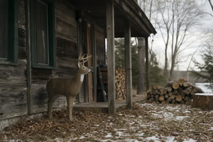 Deer with antlers stands beside a wooden cabin porch, with stacked firewood and patches of snow on the ground