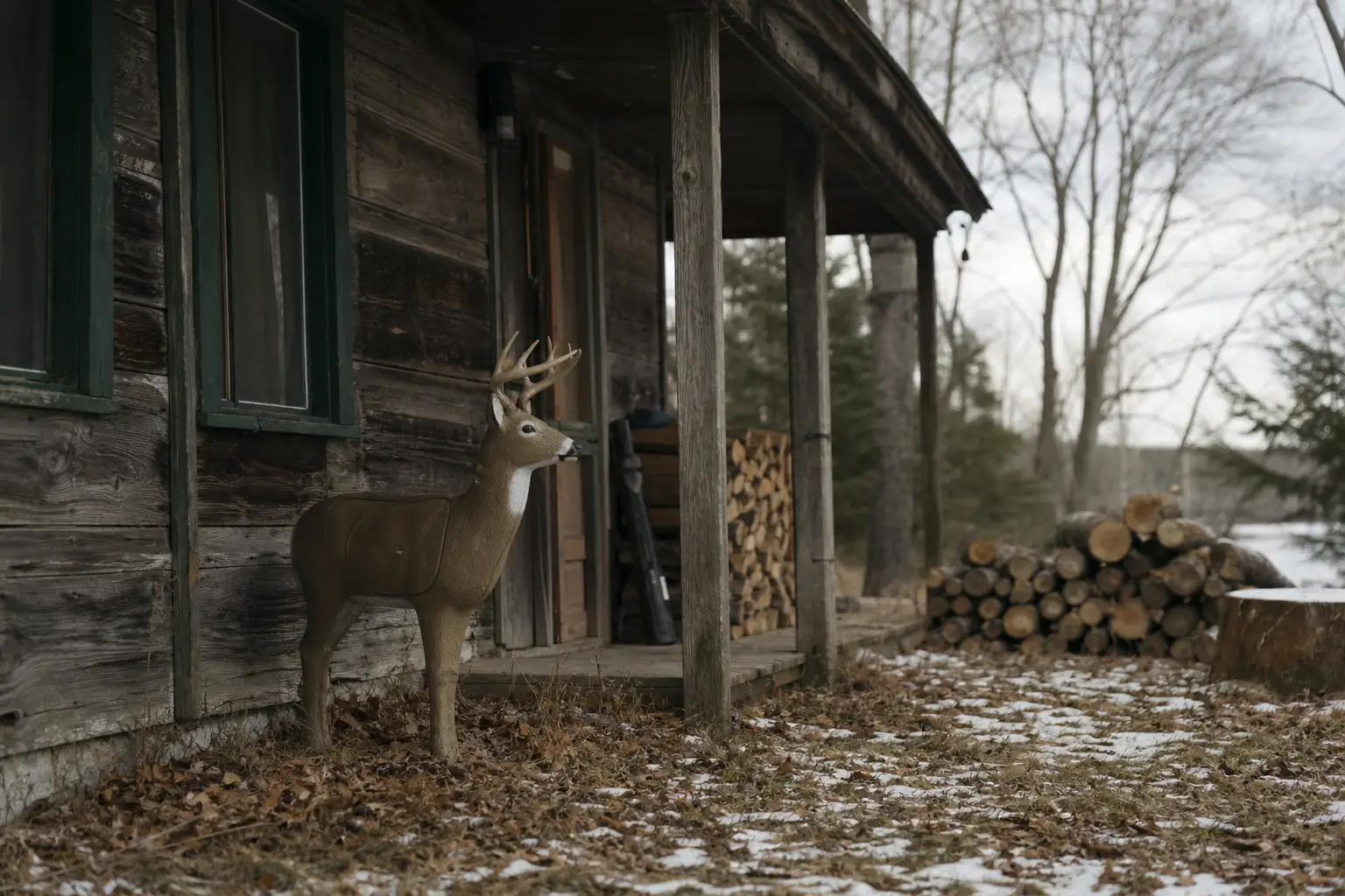 Deer with antlers stands beside a wooden cabin porch, with stacked firewood and patches of snow on the ground