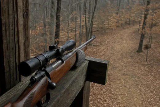 A rifle with a scope rests on a wooden fence, aiming into a leafless wooded area with a dirt path