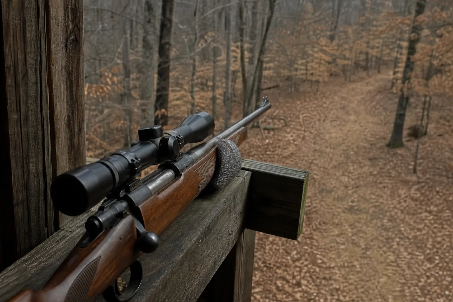 A rifle with a scope rests on a wooden fence, aiming into a leafless wooded area with a dirt path