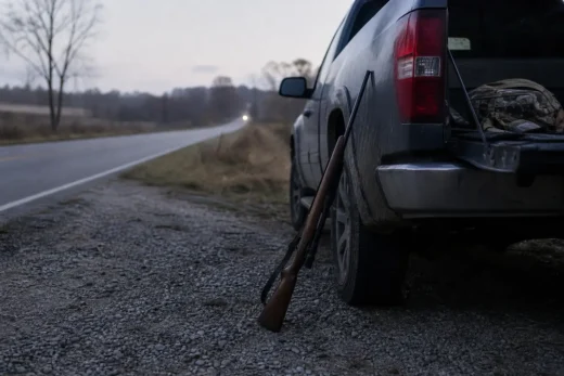 Gray pickup truck parked on a roadside; a rifle-like object rests in front near the rear bumper