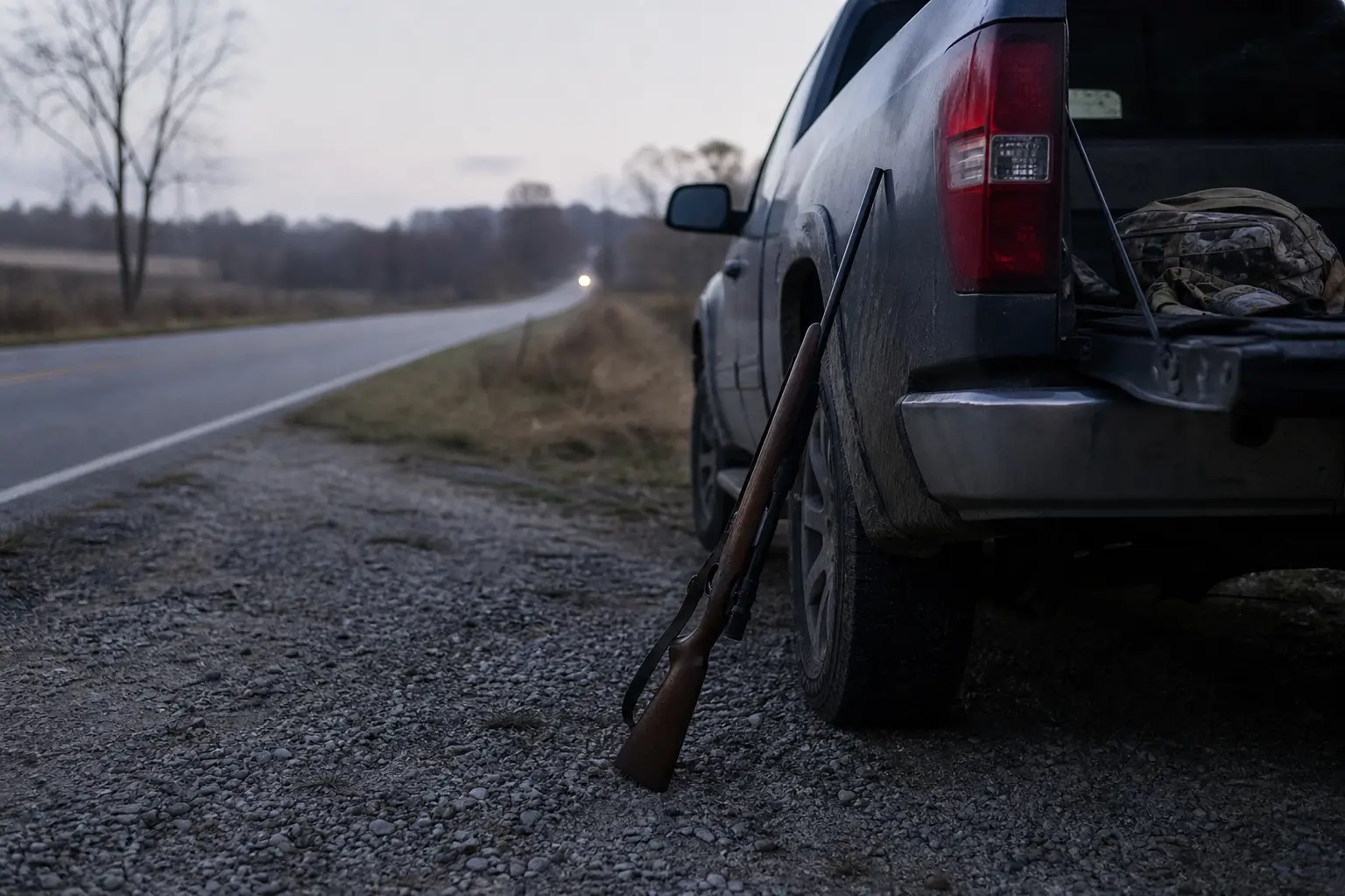 Gray pickup truck parked on a roadside; a rifle-like object rests in front near the rear bumper