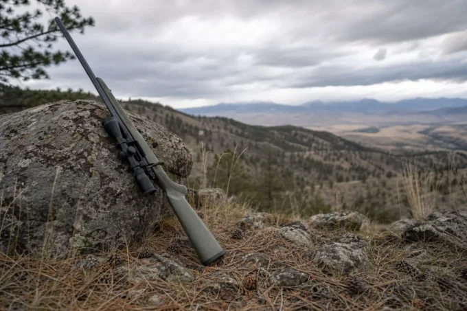 Rifle resting on a large rock in a grassy mountainside, with hills and cloudy sky in the distance