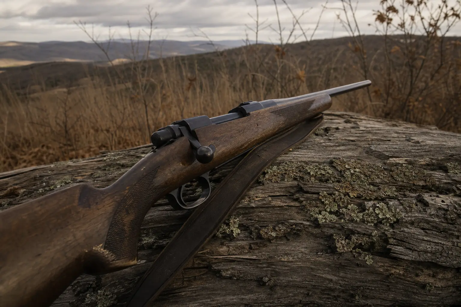 A wooden-stock rifle with a scope rests on a weathered log, with dry brush and hills in the background