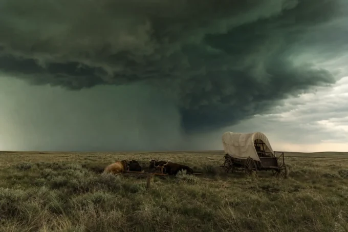 Wagon with canvas cover and horses lying in grass under large dark storm clouds across a flat landscape