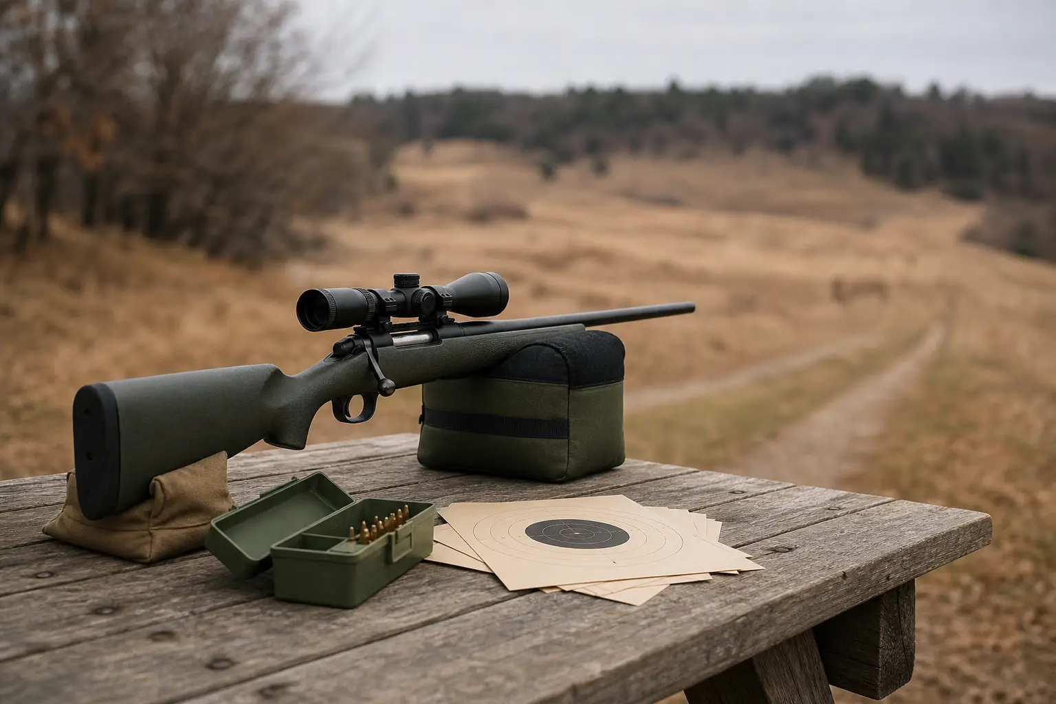 A scoped rifle rests on a wooden table beside ammunition boxes and target papers, with a grassy field and trees behind