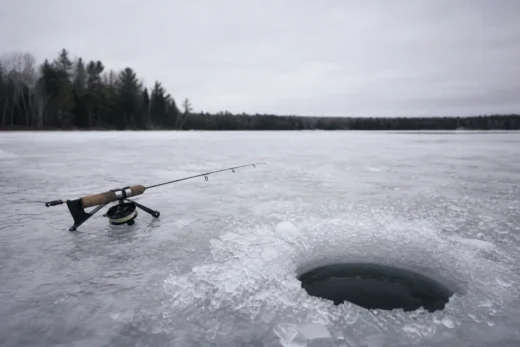 Ice fishing rod lies on frozen lake water near a circular hole, with trees and cloudy sky in the background