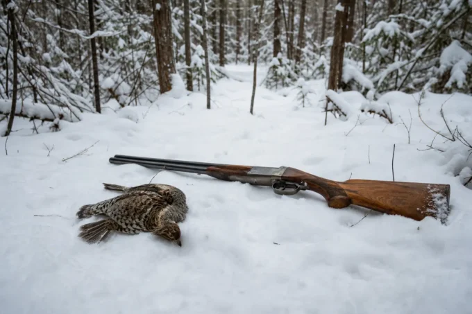 Brown and black bird lying in snow beside a long shotgun resting on the snowy ground in a forest