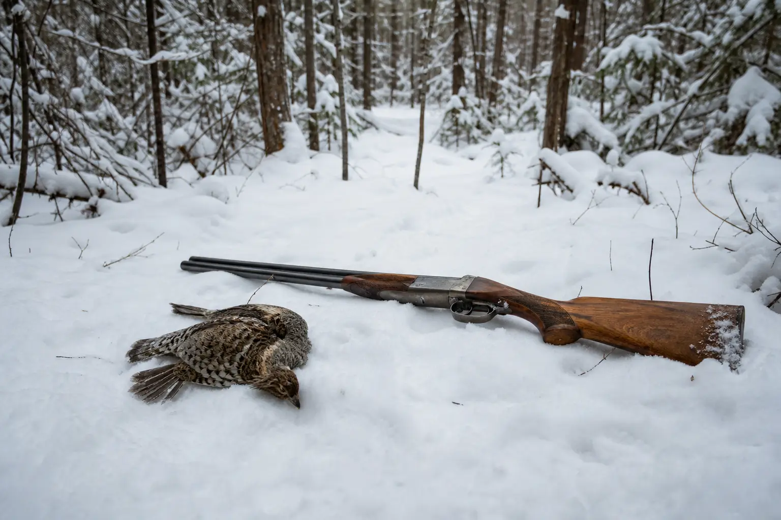 Brown and black bird lying in snow beside a long shotgun resting on the snowy ground in a forest