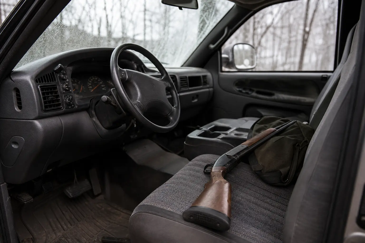 Inside a car with black steering wheel, dashboard controls, front seats, and a hand holding a gear lever near the console