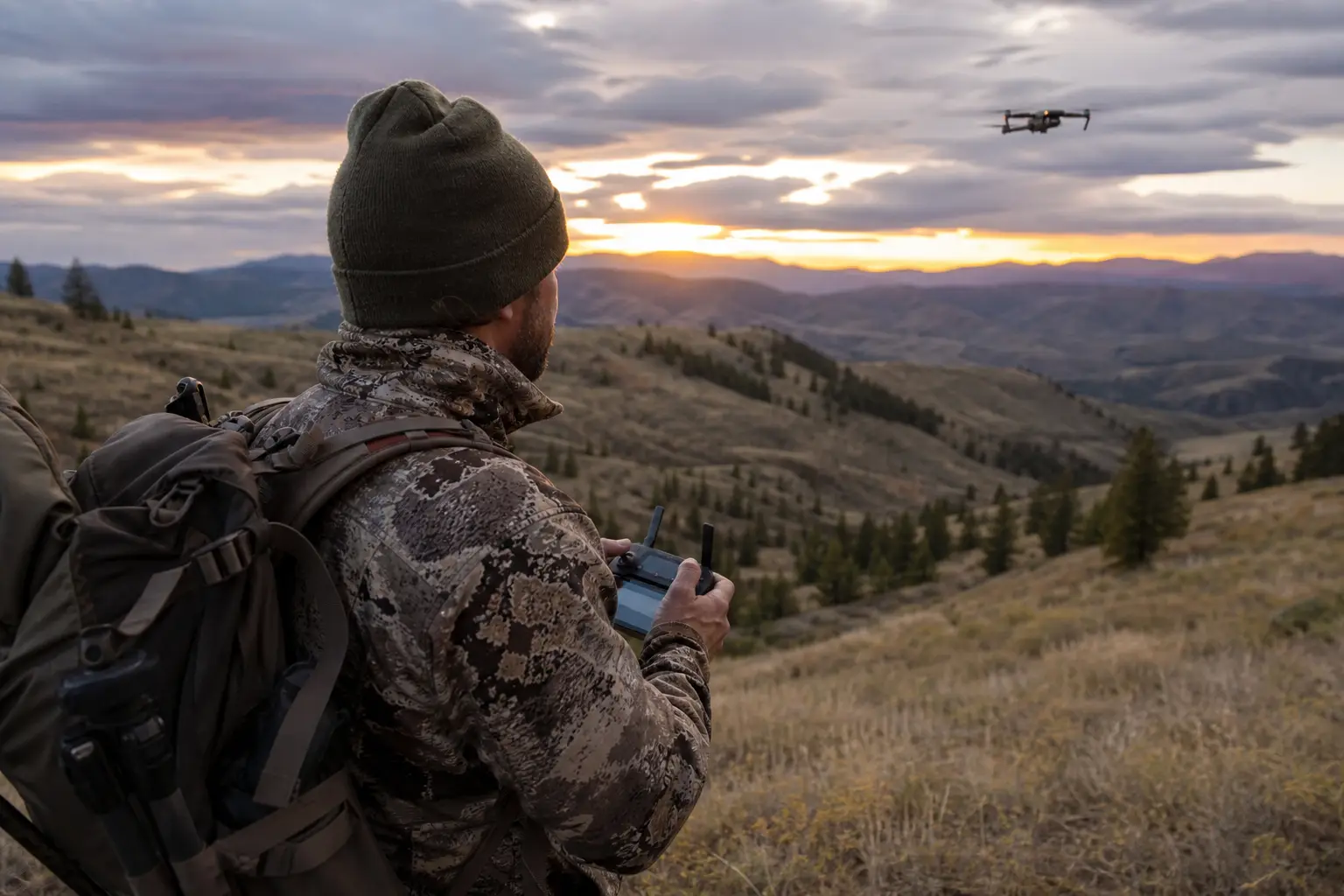 Person in camouflage jacket and knit cap holding binoculars outdoors, with mountains and a small drone in the sky at sunset