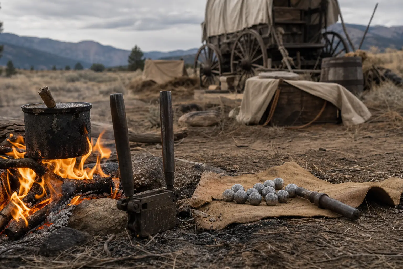 Campfire with flames beside metal pot, rifles-like barrels, scattered rocks, and canvas-covered gear in a mountainous outdoor setting