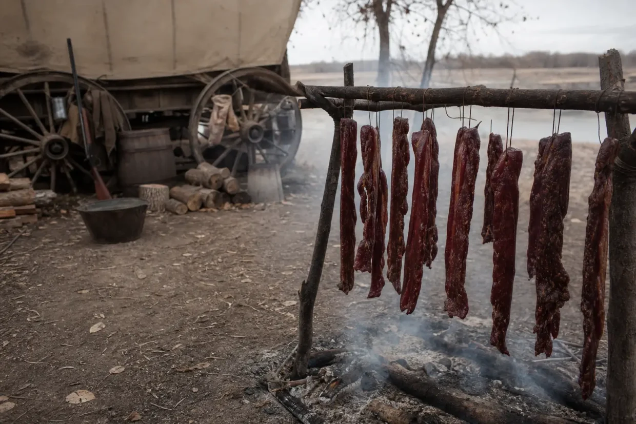Rows of dark cured meat hanging from a metal rod above open flames in a rustic outdoor setup