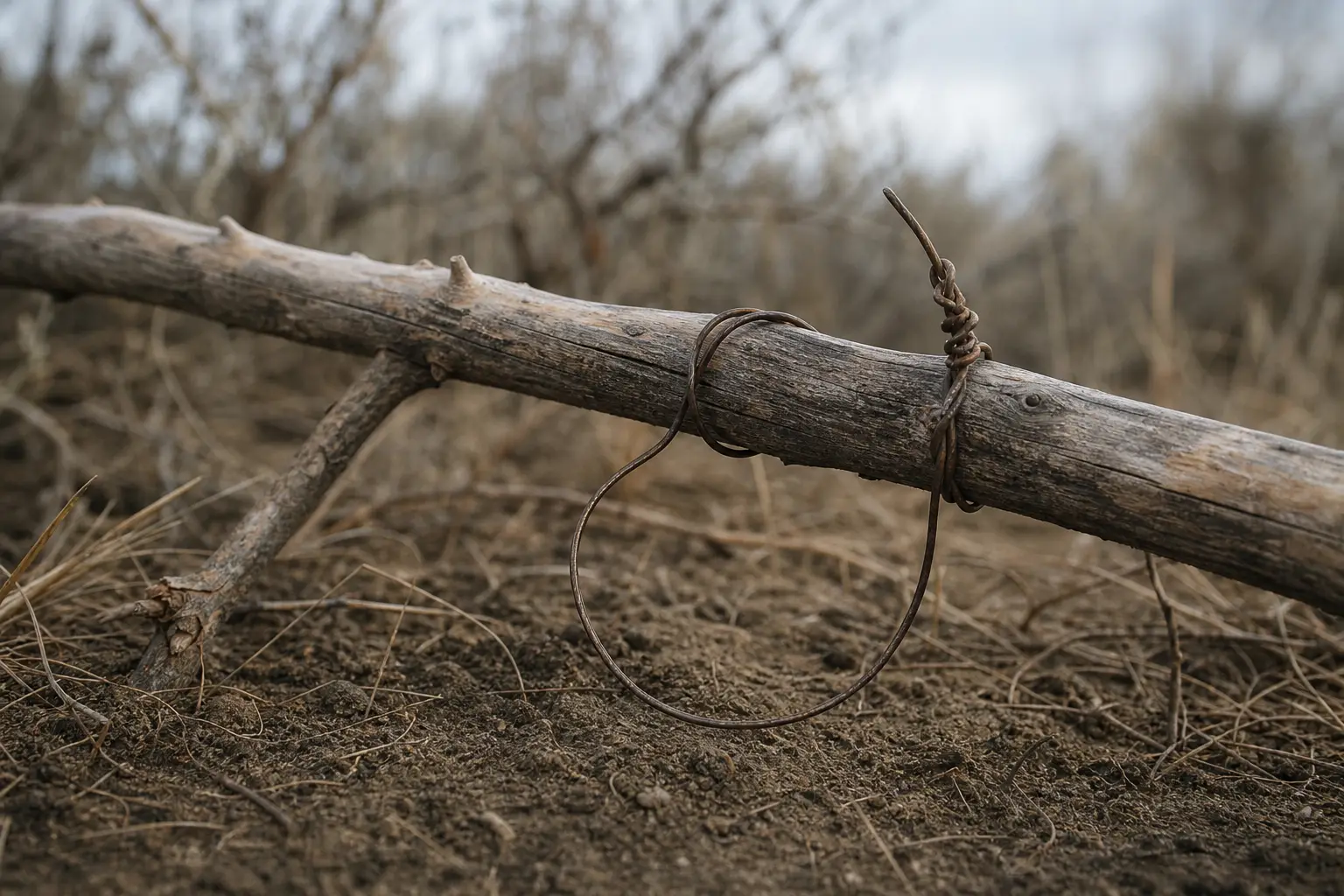 Rusted wooden log lying on the ground with a metal wire loop and a short twisted stake tied to it