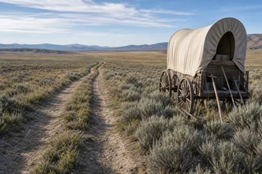Wooden wagon with canvas cover sits on a dirt path through dry grassland, with mountains in the distance under a blue sky