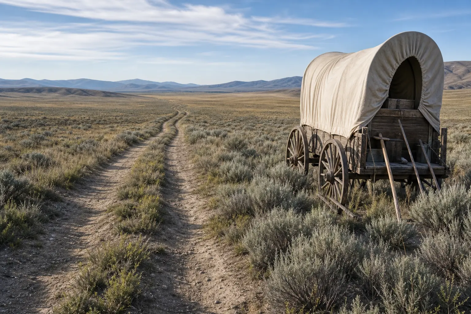 Wooden wagon with canvas cover sits on a dirt path through dry grassland, with mountains in the distance under a blue sky