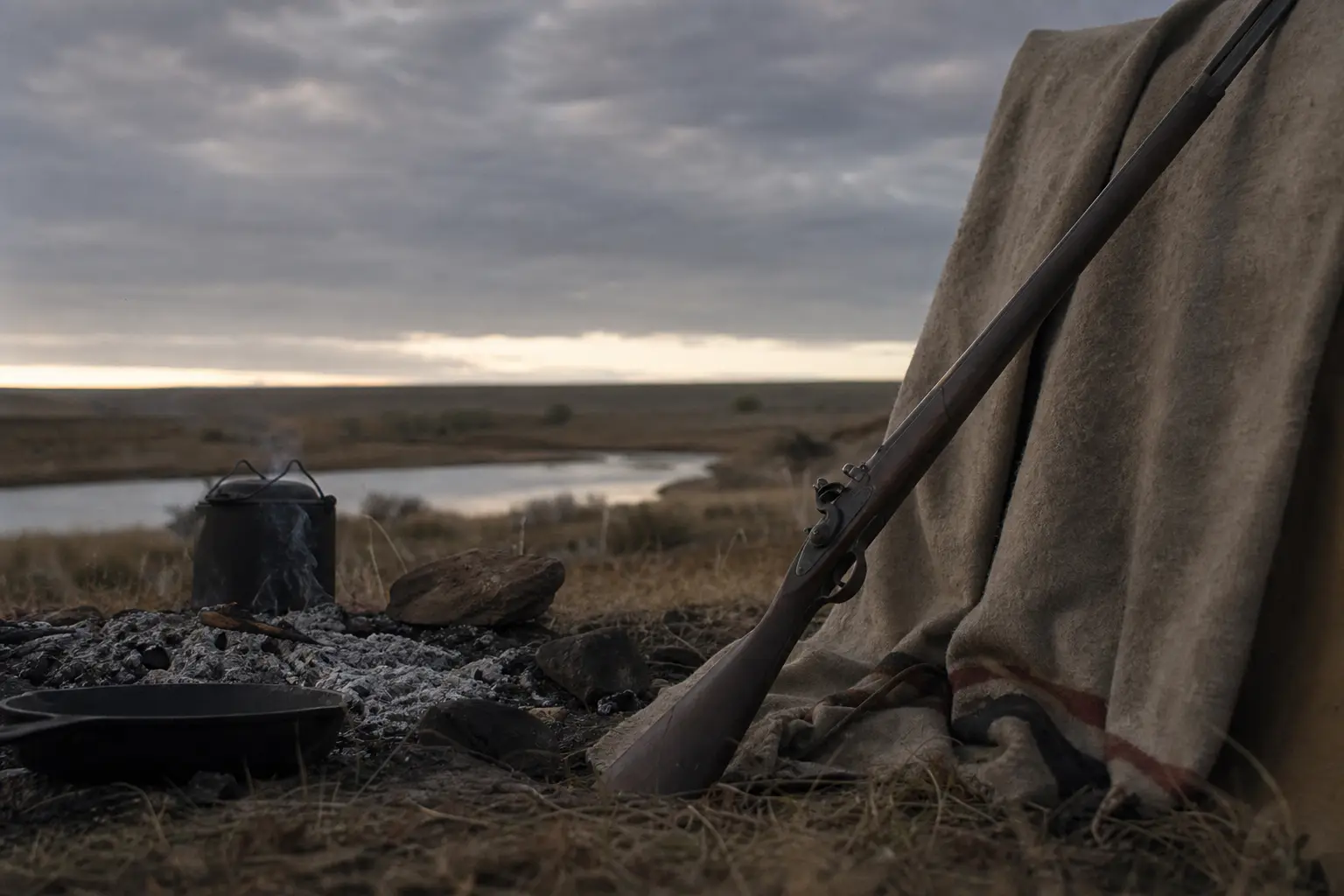 Camouflage-covered tent with a long gun resting beside it, rocky campfire stones, and a river under cloudy sky