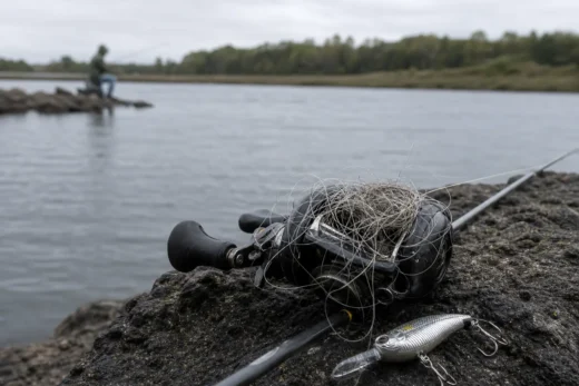Fishing gear with tangled net and line lies on a rocky shore beside a lure and rod, with a river and boat in background