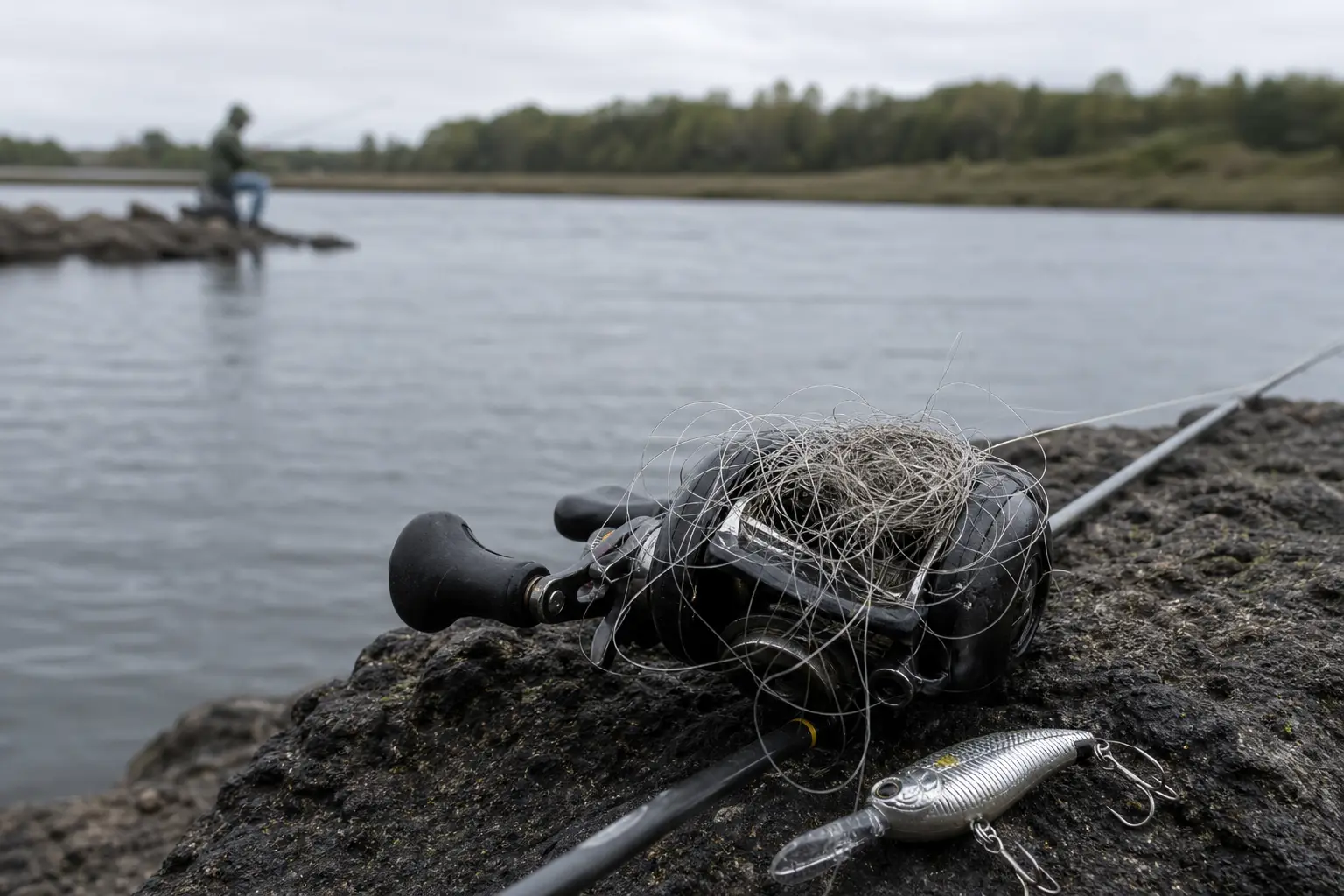 Fishing gear with tangled net and line lies on a rocky shore beside a lure and rod, with a river and boat in background